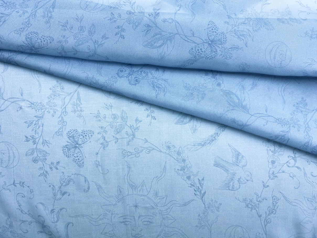 Ткань Шифон  голубого цвета с принтом  солнце 24071 1