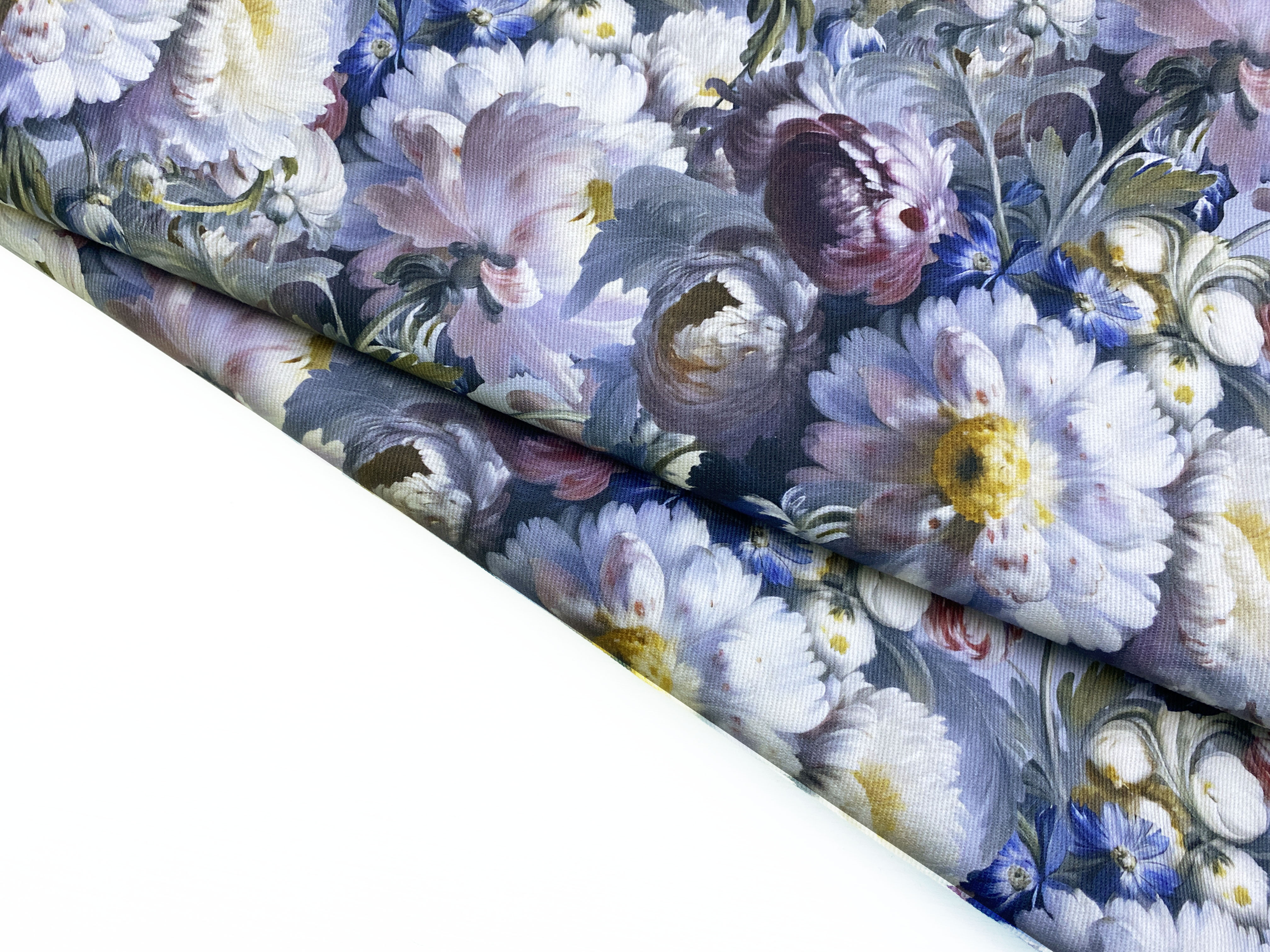 Ткань Джинса   голубого цвета с принтом  пионовидные цветы 12661 4