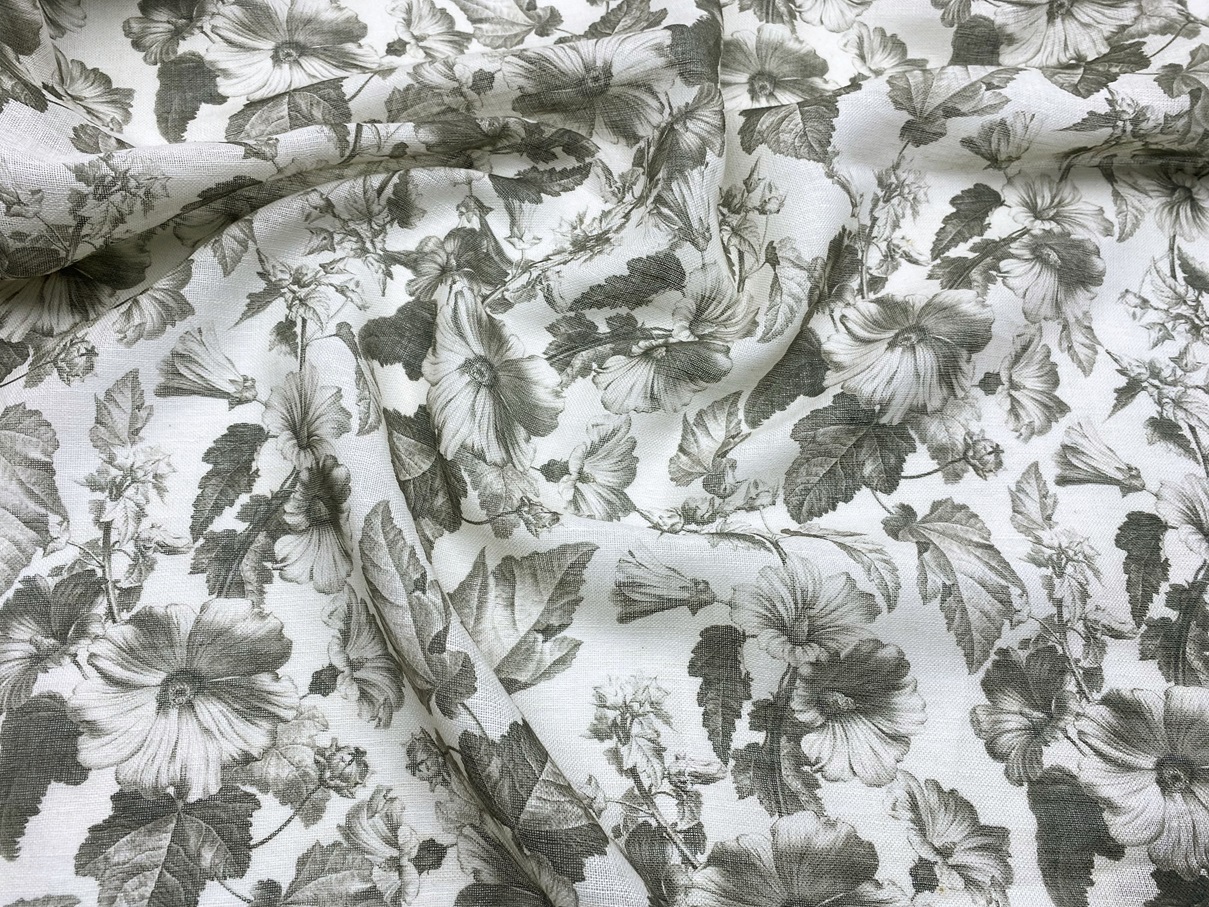 Ткань Лен натуральный с принтом листья 20256 3