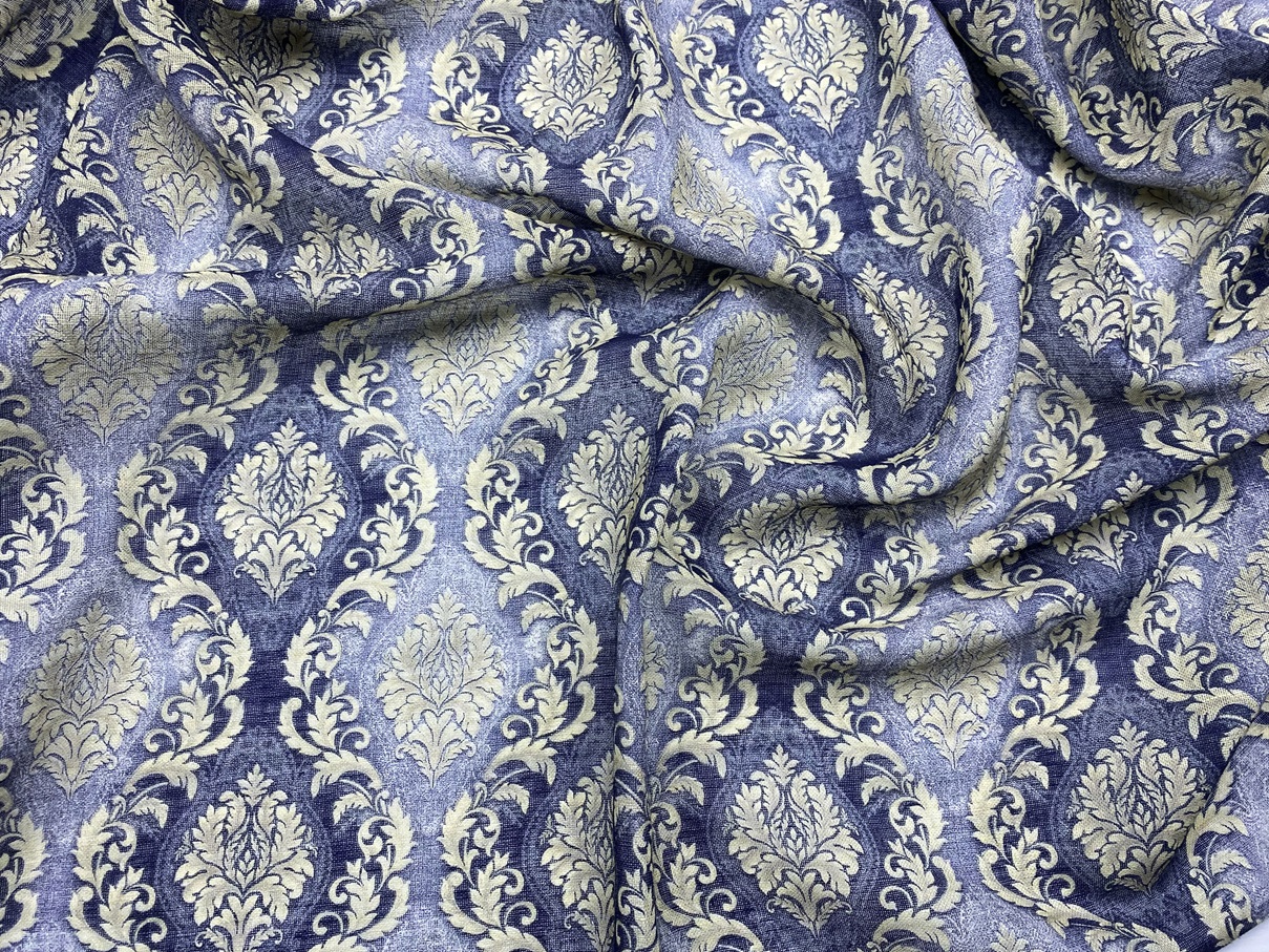 Ткань Лен  сине-серого цвета с принтом  золотистые вензеля  20560 3