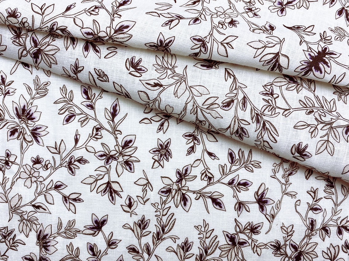 Ткань Лен  белого цвета с принтом  ветки, листочки  20308 1