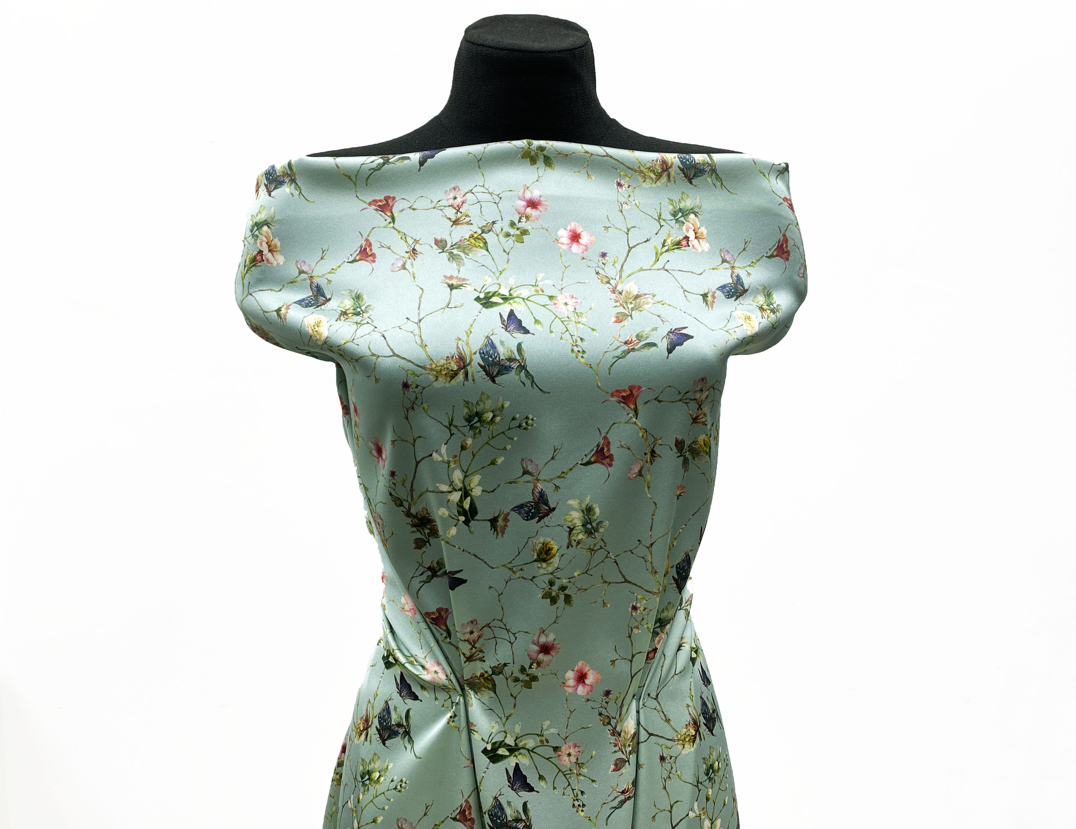Ткань Шёлк мятного цвета с принтом бабочки и цветы 46210 5