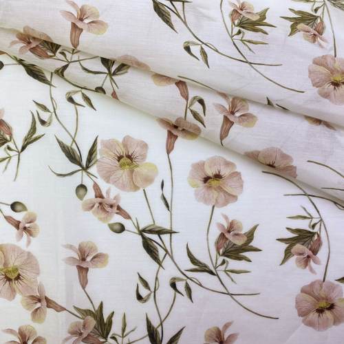 Ткань Ткань муслин  белого цвета с принтом  пудровые цветы 16743