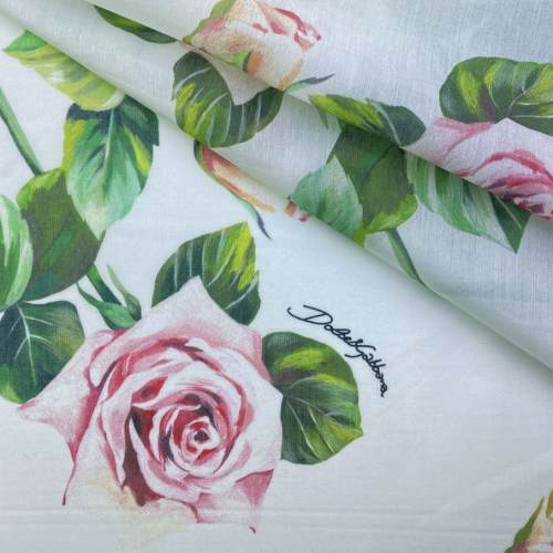 Ткань Ткань муслин белого цвета с принтом  розы  16744