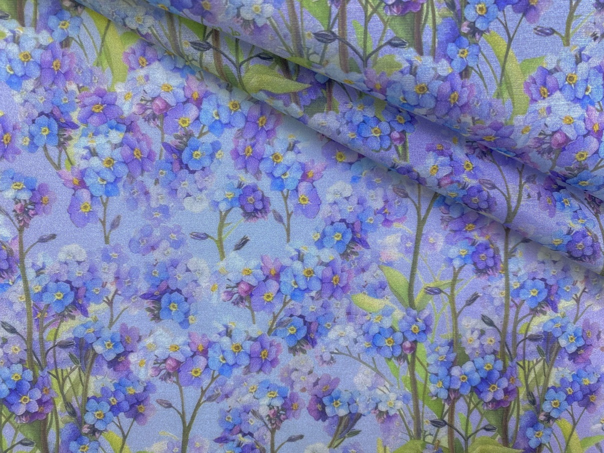 Ткань Муслин голубого цвета  с принтом цветы незабудки  16736 1
